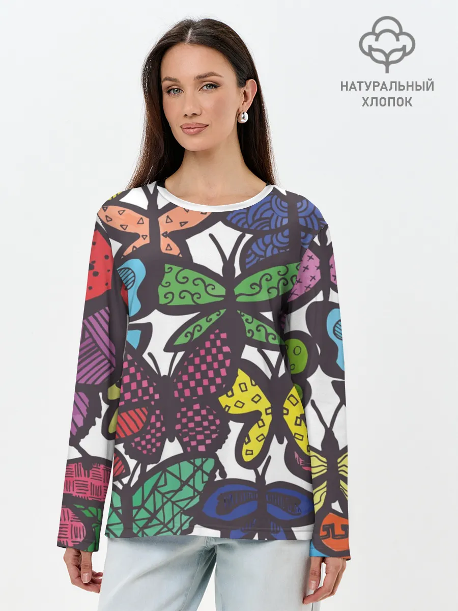 Лонгслив женский. Хлопок / Дудл бабочки