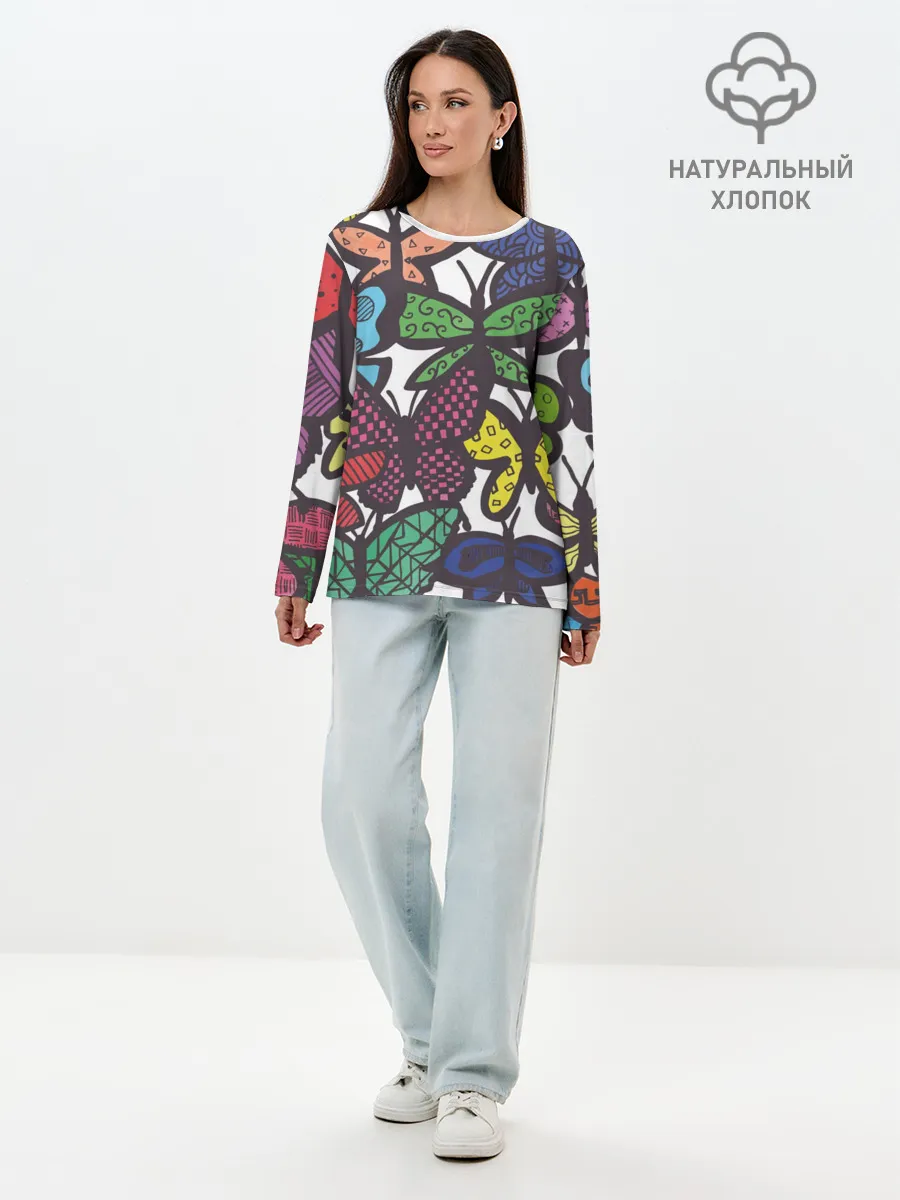 Лонгслив женский. Хлопок / Дудл бабочки