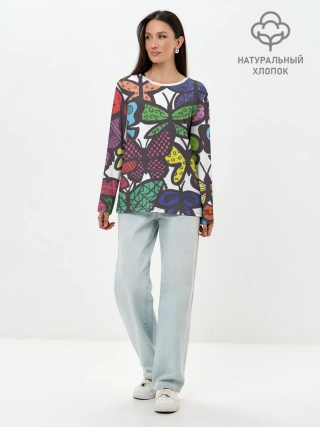 Лонгслив женский. Хлопок / Дудл бабочки