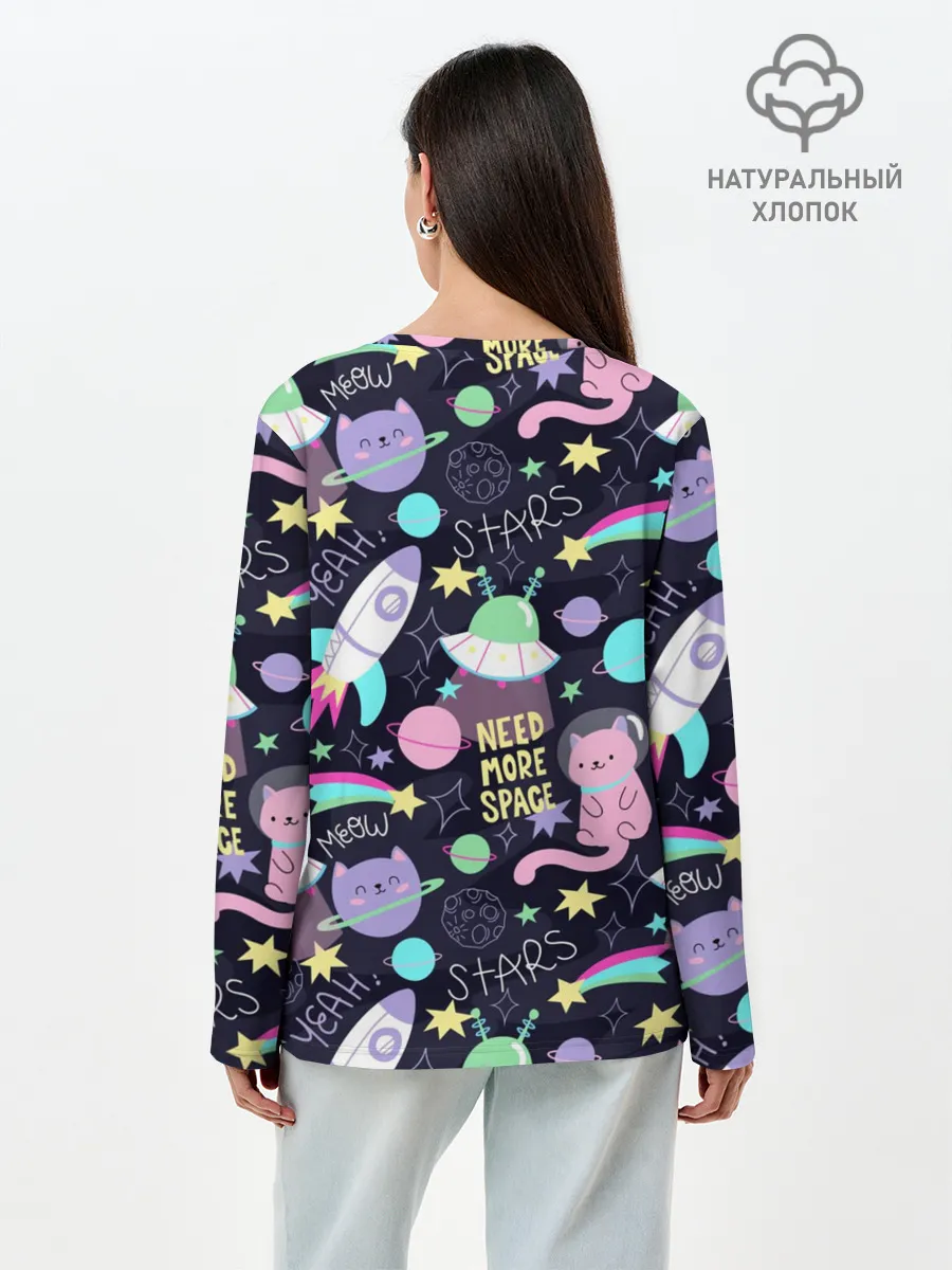 Лонгслив женский. Хлопок / Коты-космонавты