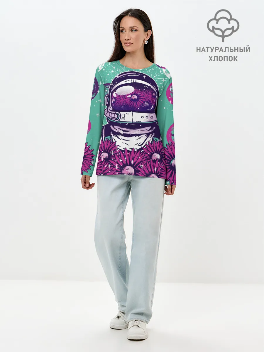 Лонгслив женский. Хлопок / Цветочный Астронавт