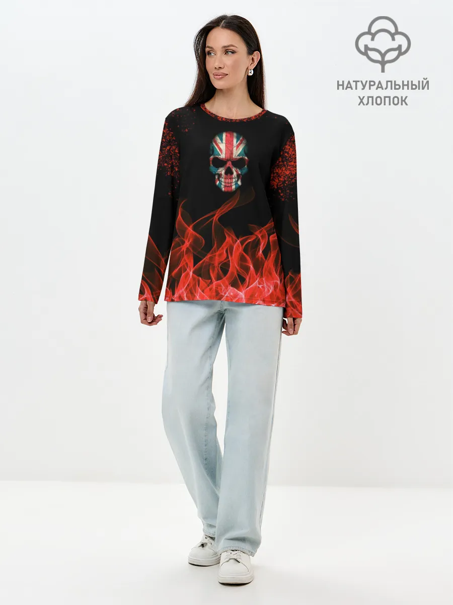 Лонгслив женский. Хлопок / Череп и огонь