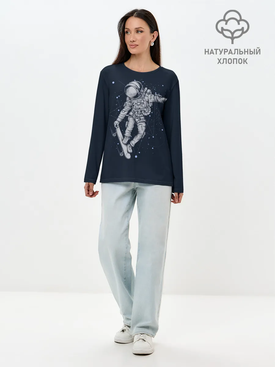 Лонгслив женский. Хлопок / Космонавт на скейте