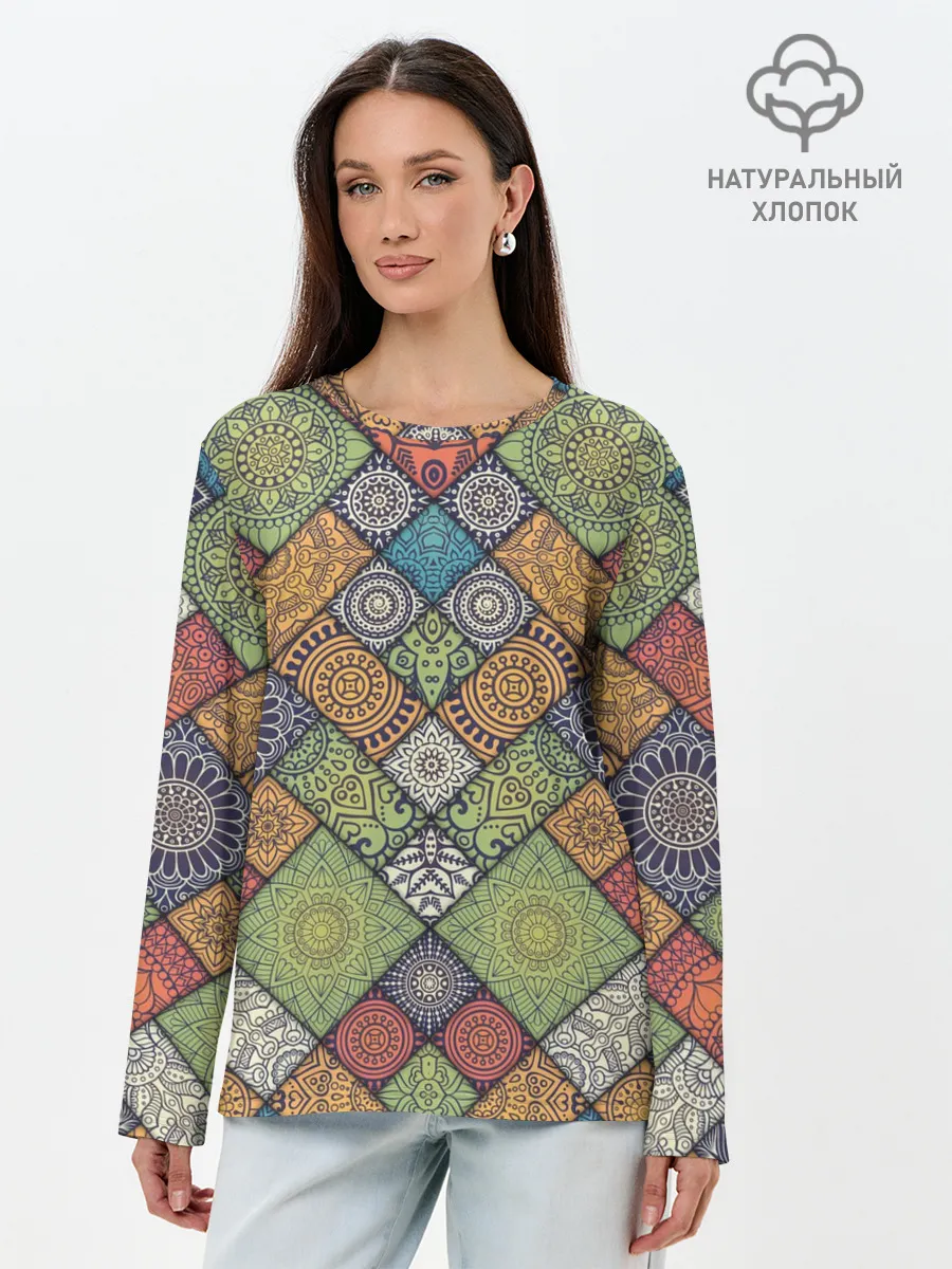 Лонгслив женский. Хлопок / Мандалы лоскутный печворк