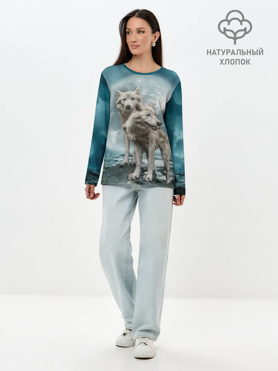 Лонгслив женский. Хлопок / Волки альбиносы