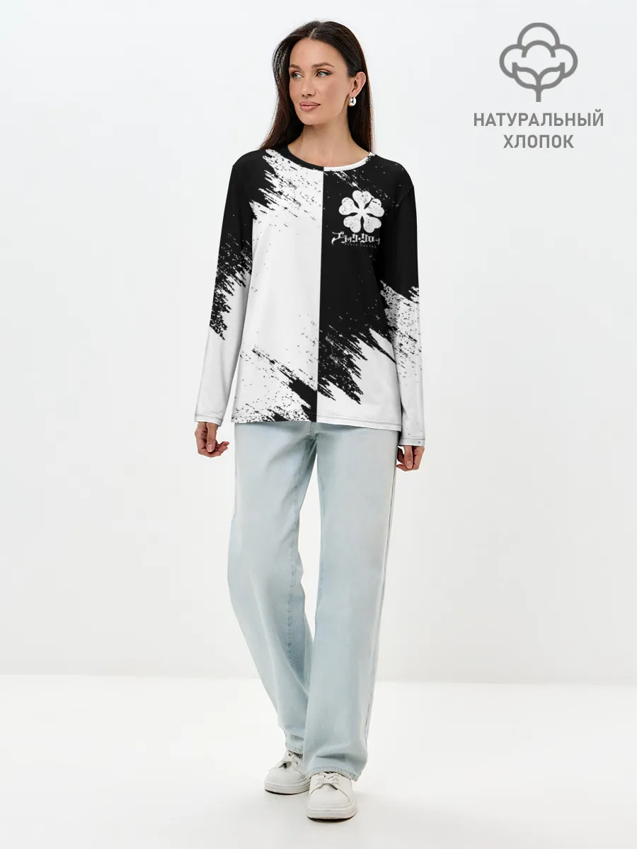 Лонгслив женский. Хлопок / Черный Клевер инверсированный фон