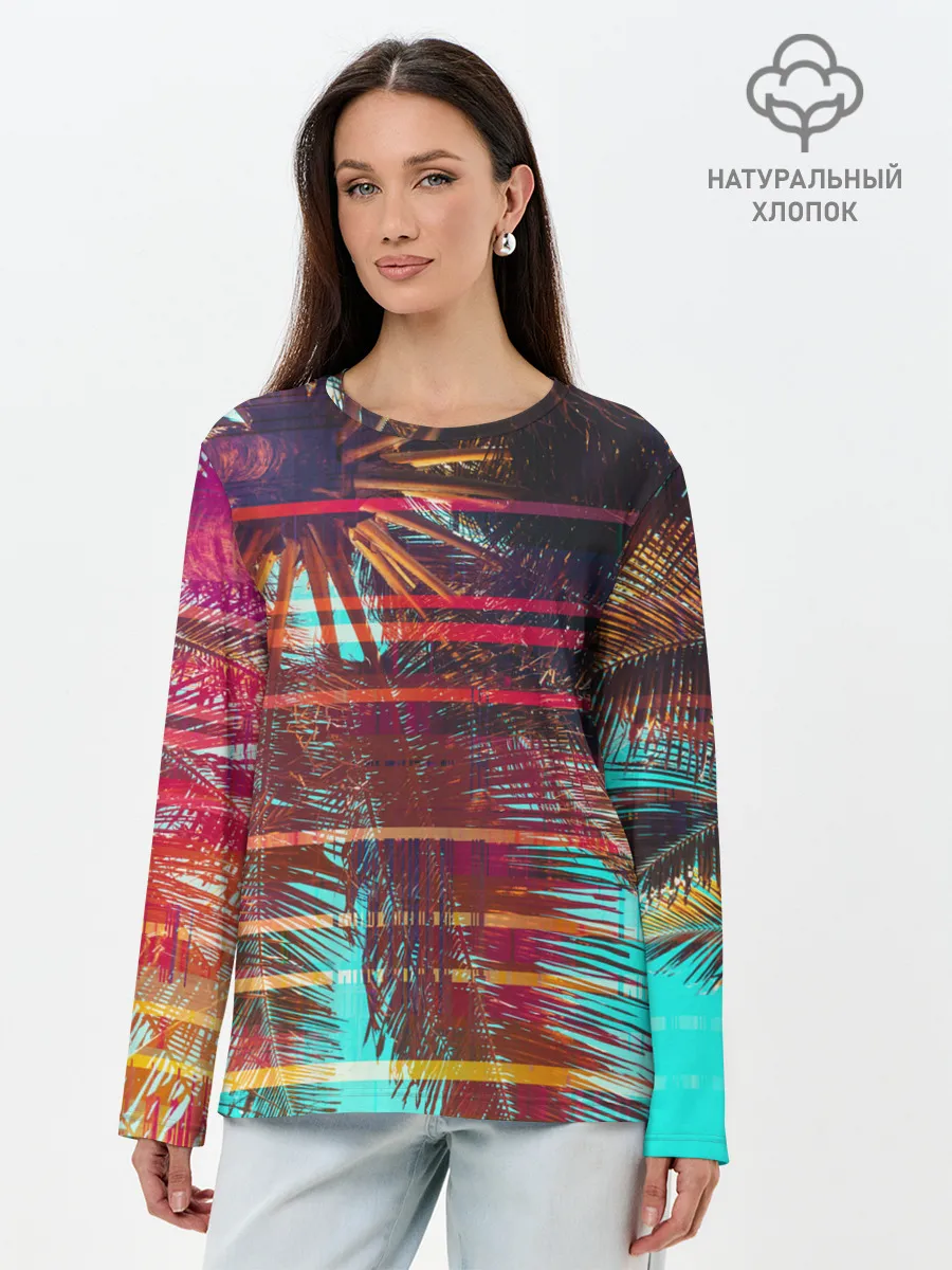 Лонгслив женский. Хлопок / Palm glitch art