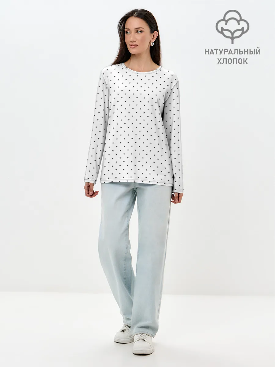 Лонгслив женский. Хлопок / Сердечки черные на белом