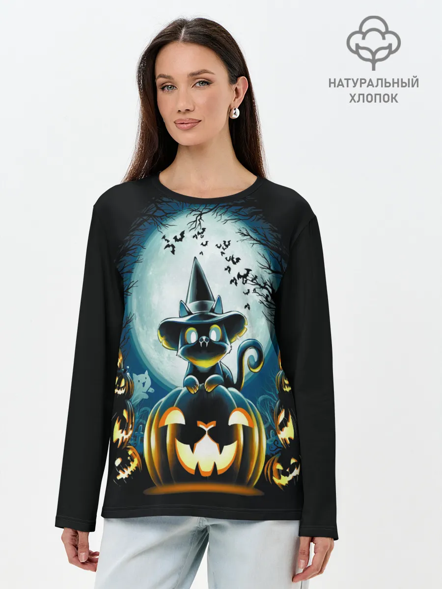 Лонгслив женский. Хлопок / Хэллоуин Кот