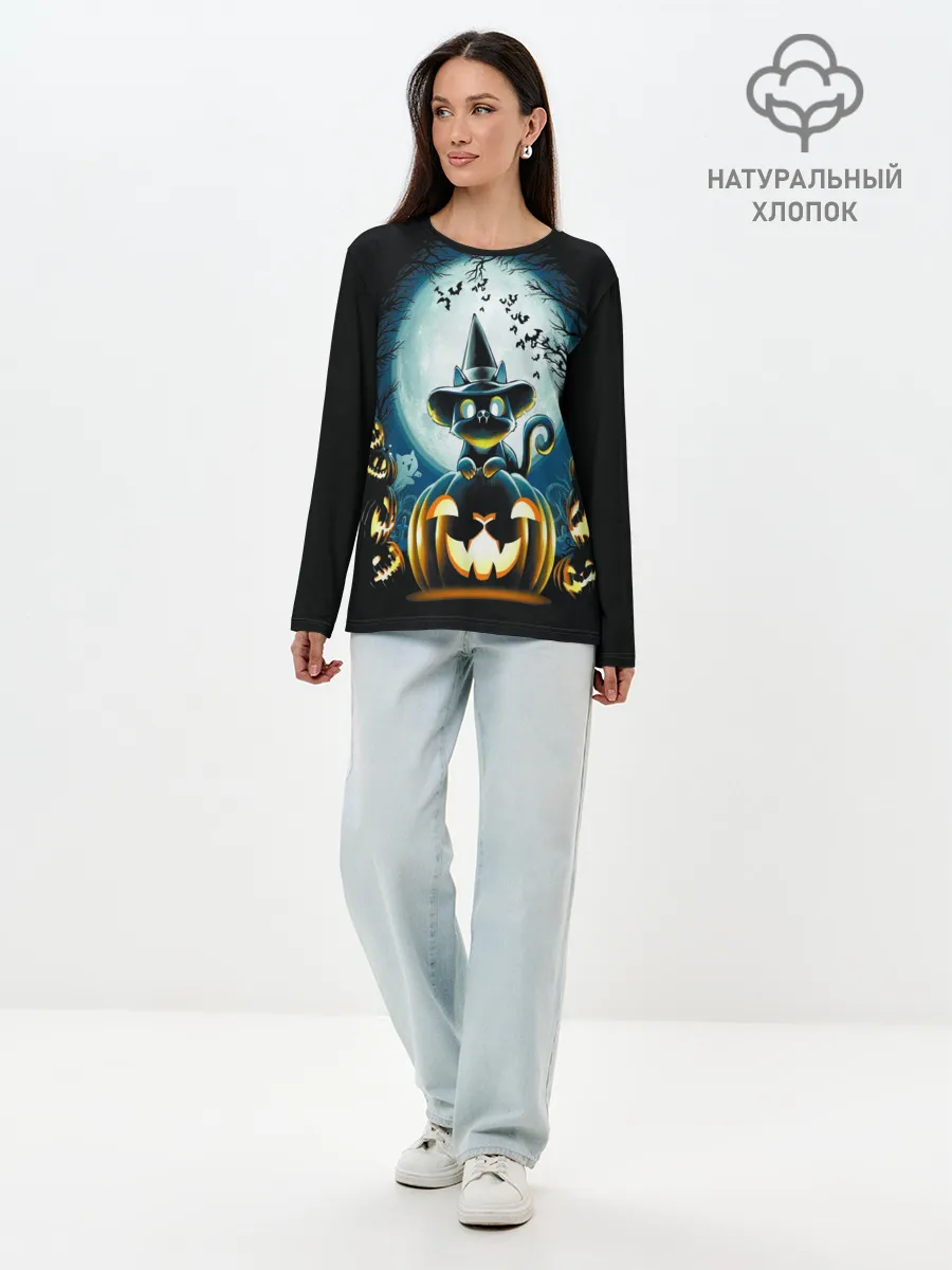 Лонгслив женский. Хлопок / Хэллоуин Кот