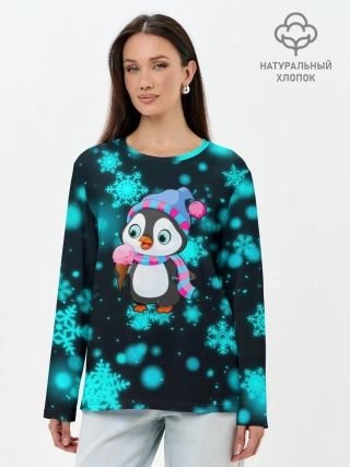 Лонгслив женский. Хлопок / Новогодний пингвин