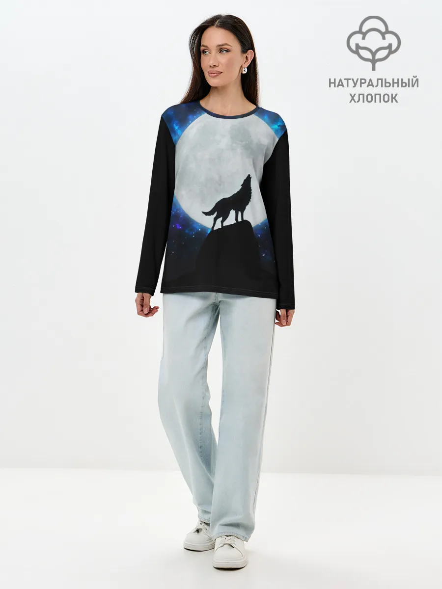 Лонгслив женский. Хлопок / Волк воющий на луну