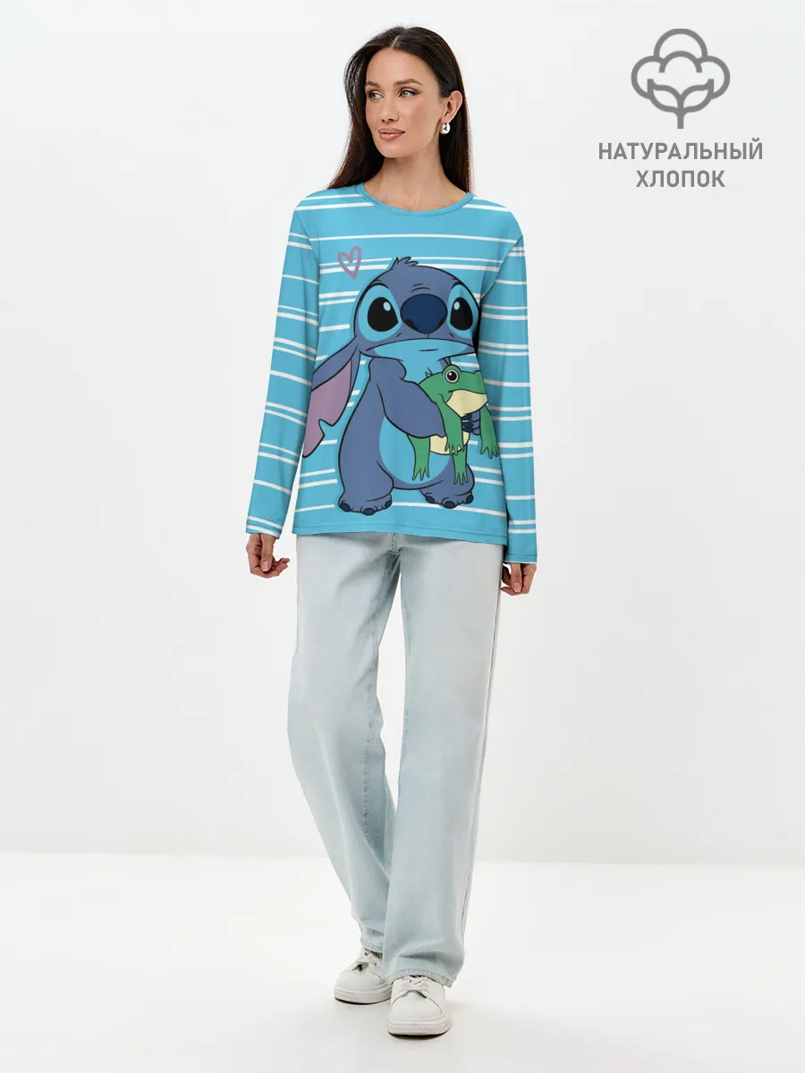 Лонгслив женский. Хлопок / Стич с лягушкой