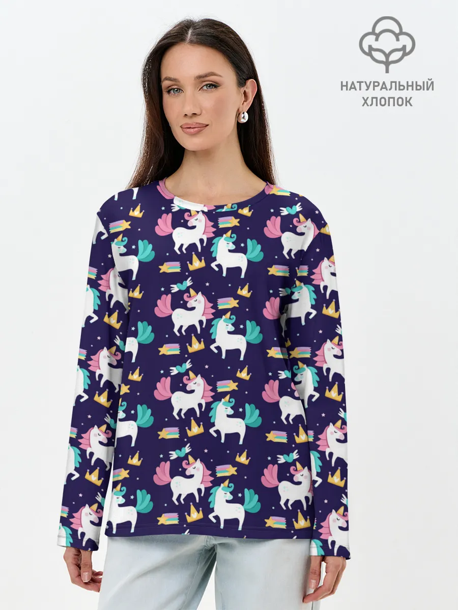 Лонгслив женский. Хлопок / Unicorn pattern