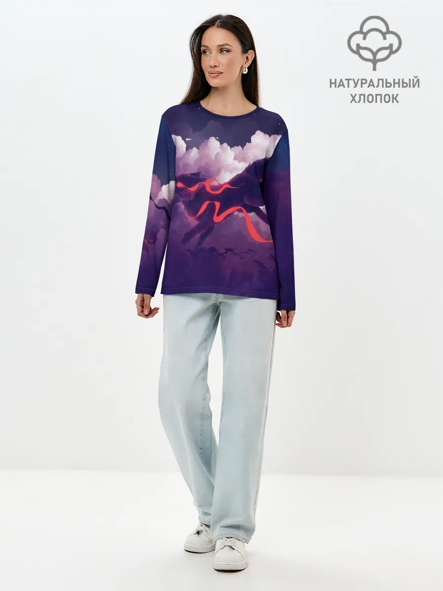 Лонгслив женский. Хлопок / Лиса бежит по облакам