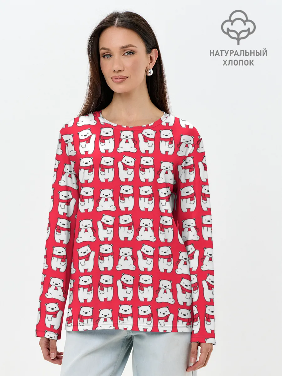 Лонгслив женский. Хлопок / Мишки в шарфиках