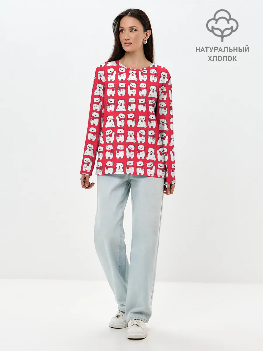 Лонгслив женский. Хлопок / Мишки в шарфиках