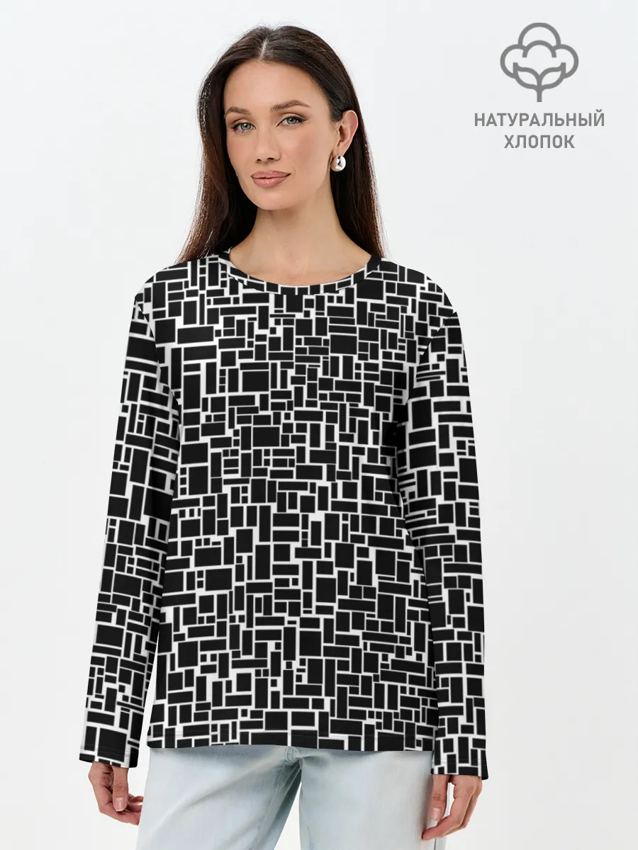 Лонгслив женский. Хлопок / Геометрия ЧБ.Black & white