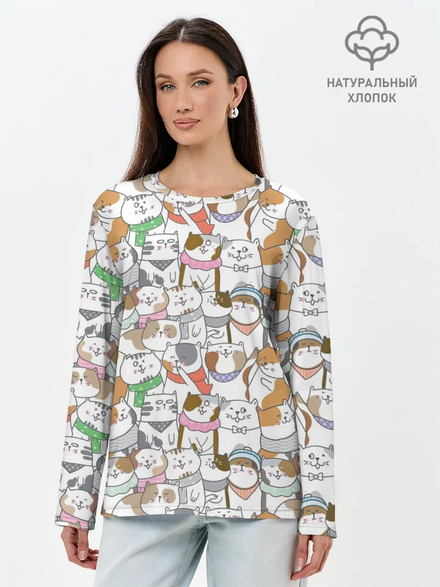 Лонгслив женский. Хлопок / Большая семья котиков