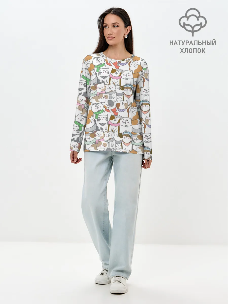 Лонгслив женский. Хлопок / Большая семья котиков