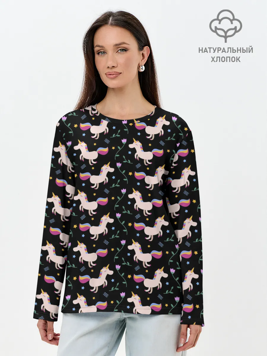 Лонгслив женский. Хлопок / Unicorns pattern