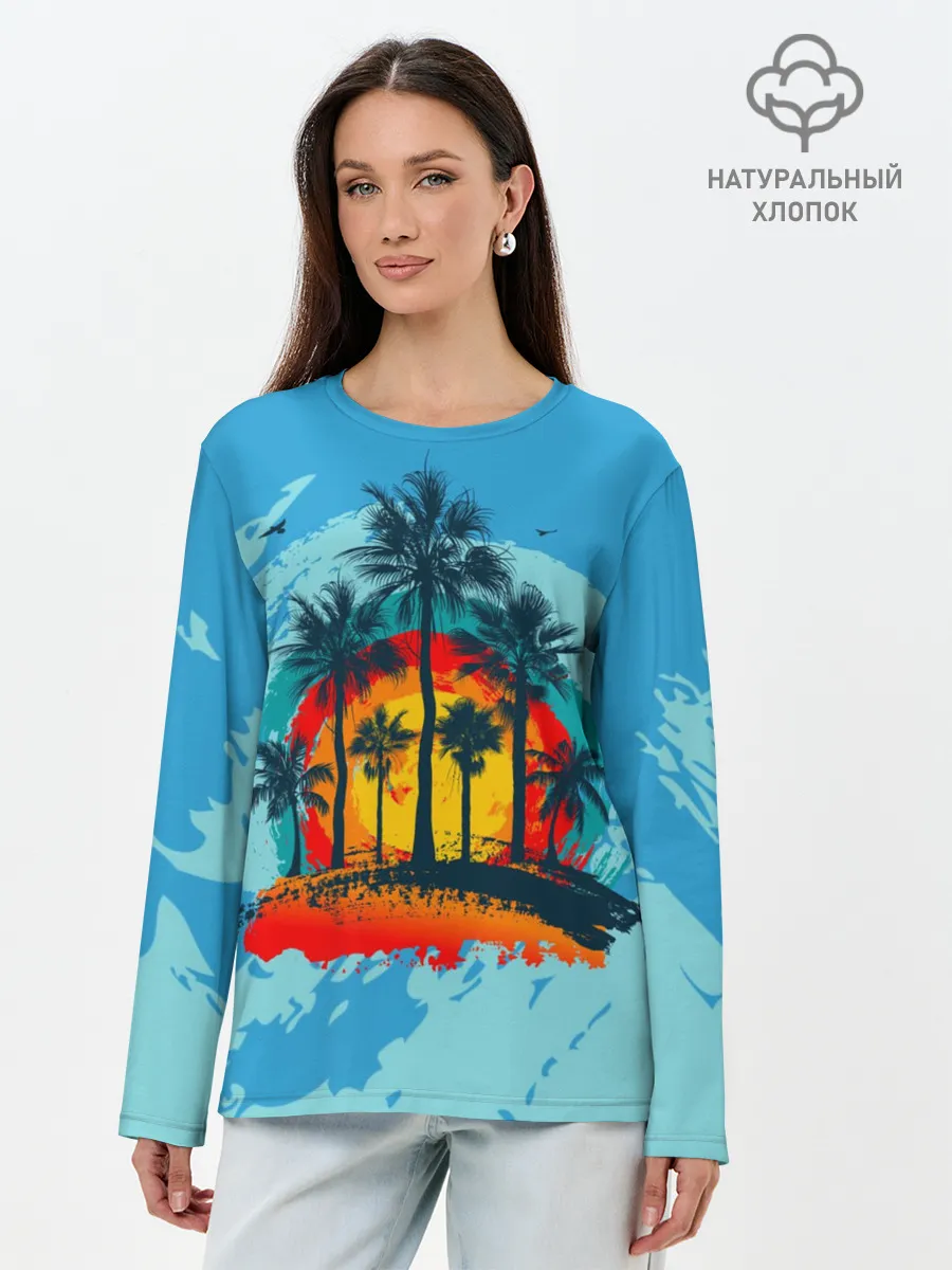Лонгслив женский. Хлопок / Море. Пальмы. Песок