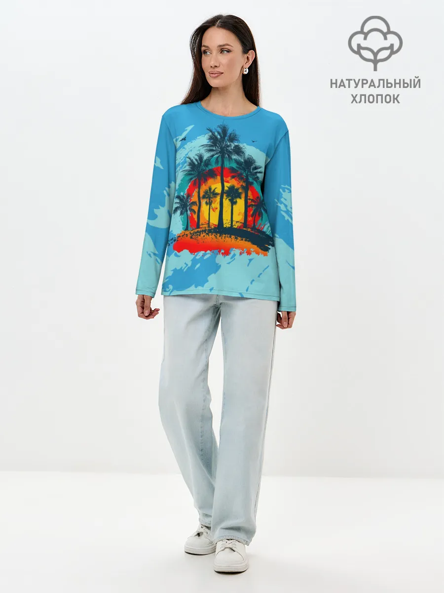 Лонгслив женский. Хлопок / Море. Пальмы. Песок