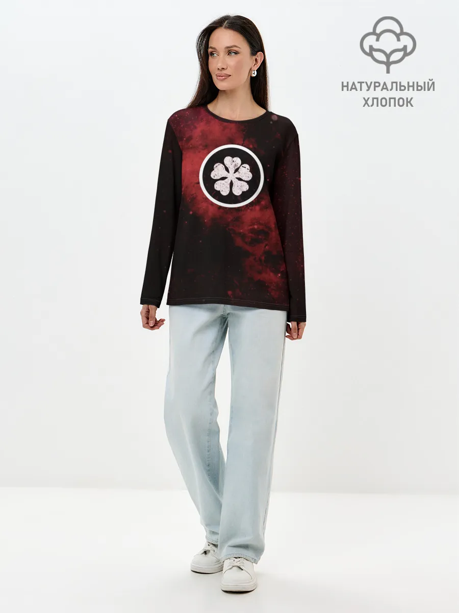 Лонгслив женский. Хлопок / Эмблема Черного клевера на космическом фоне