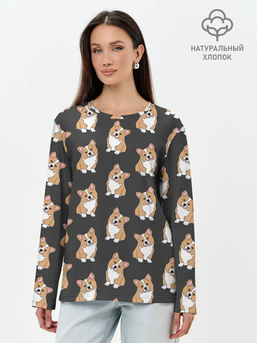 Лонгслив женский. Хлопок / Корги малыши