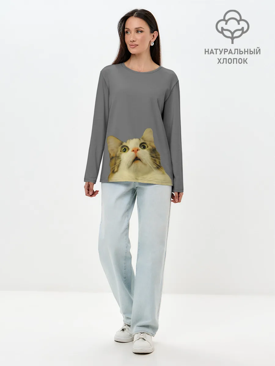 Лонгслив женский. Хлопок / Коте смотрит вверх