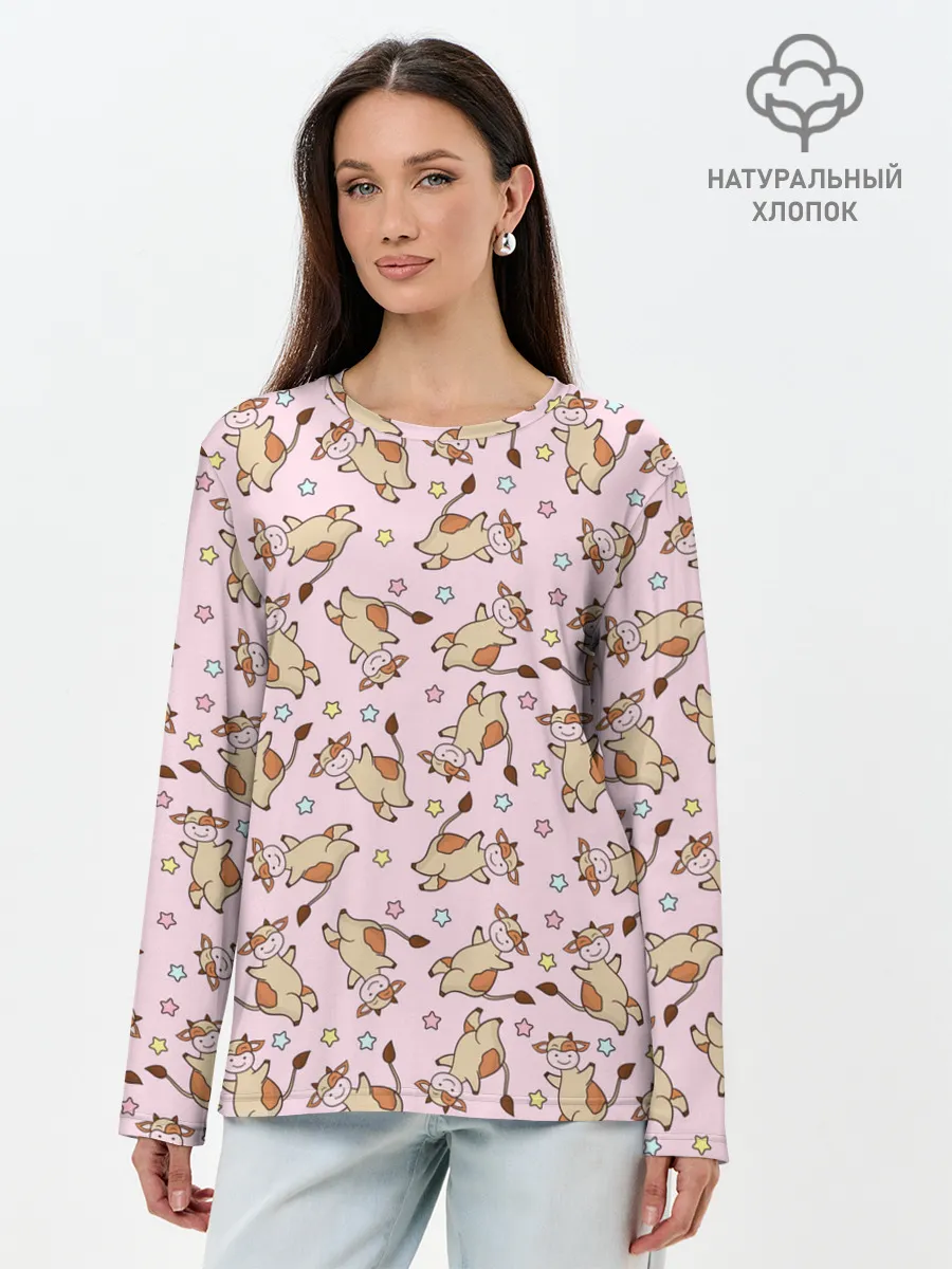 Лонгслив женский. Хлопок / Фон с бычками