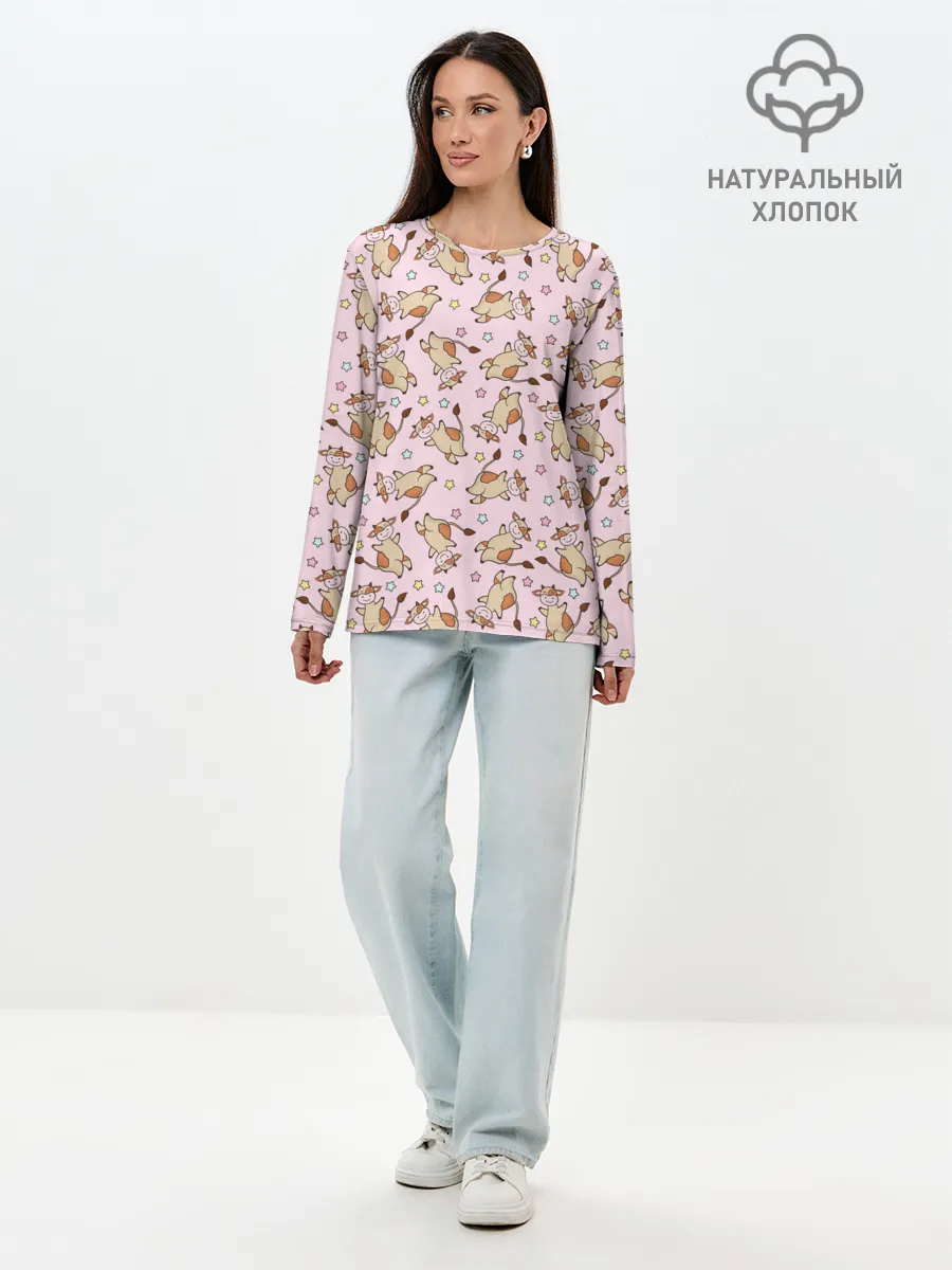 Лонгслив женский. Хлопок / Фон с бычками