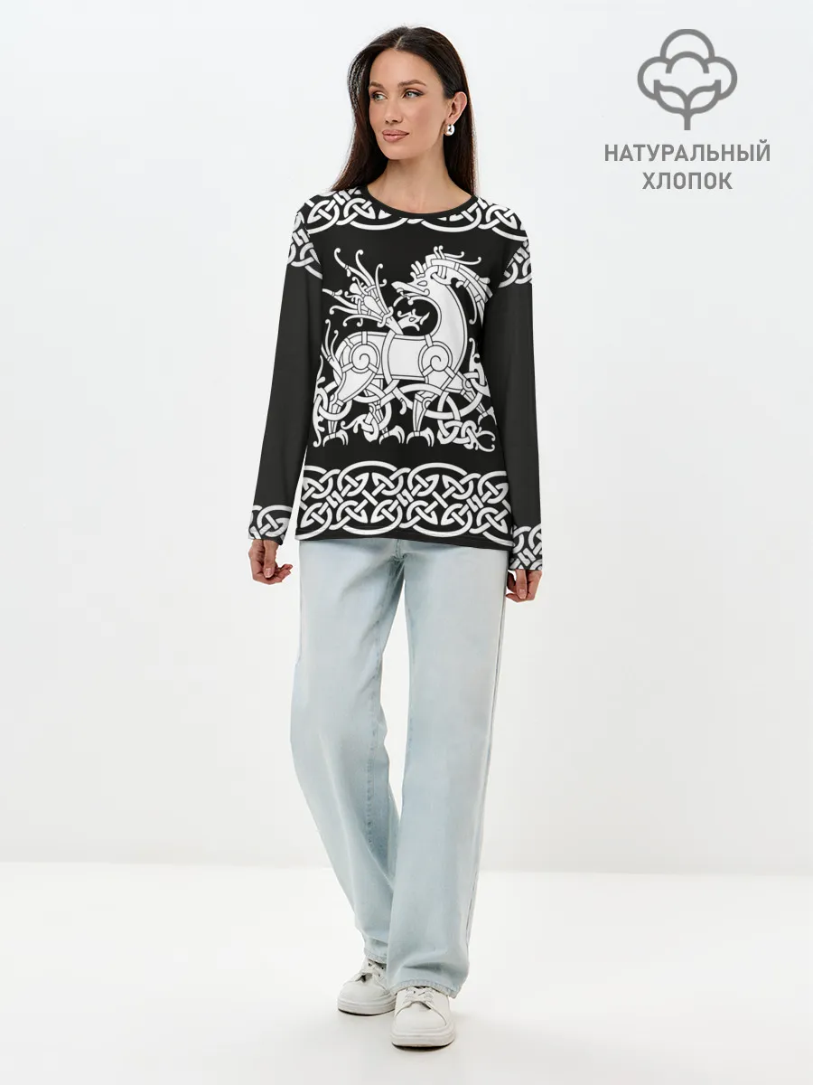 Лонгслив женский. Хлопок / Рингерике олень белый 3D