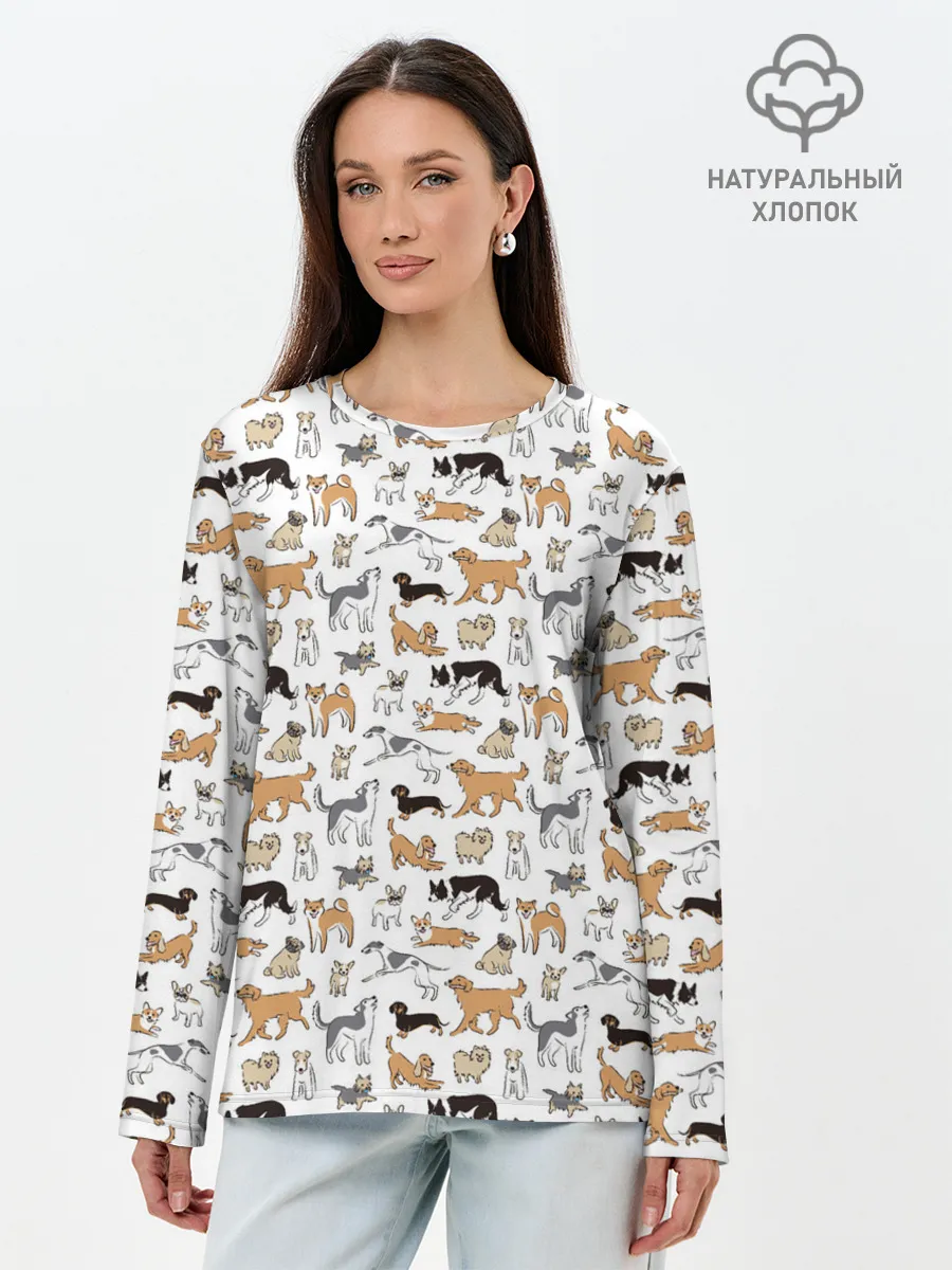 Лонгслив женский. Хлопок / Узор собаки много
