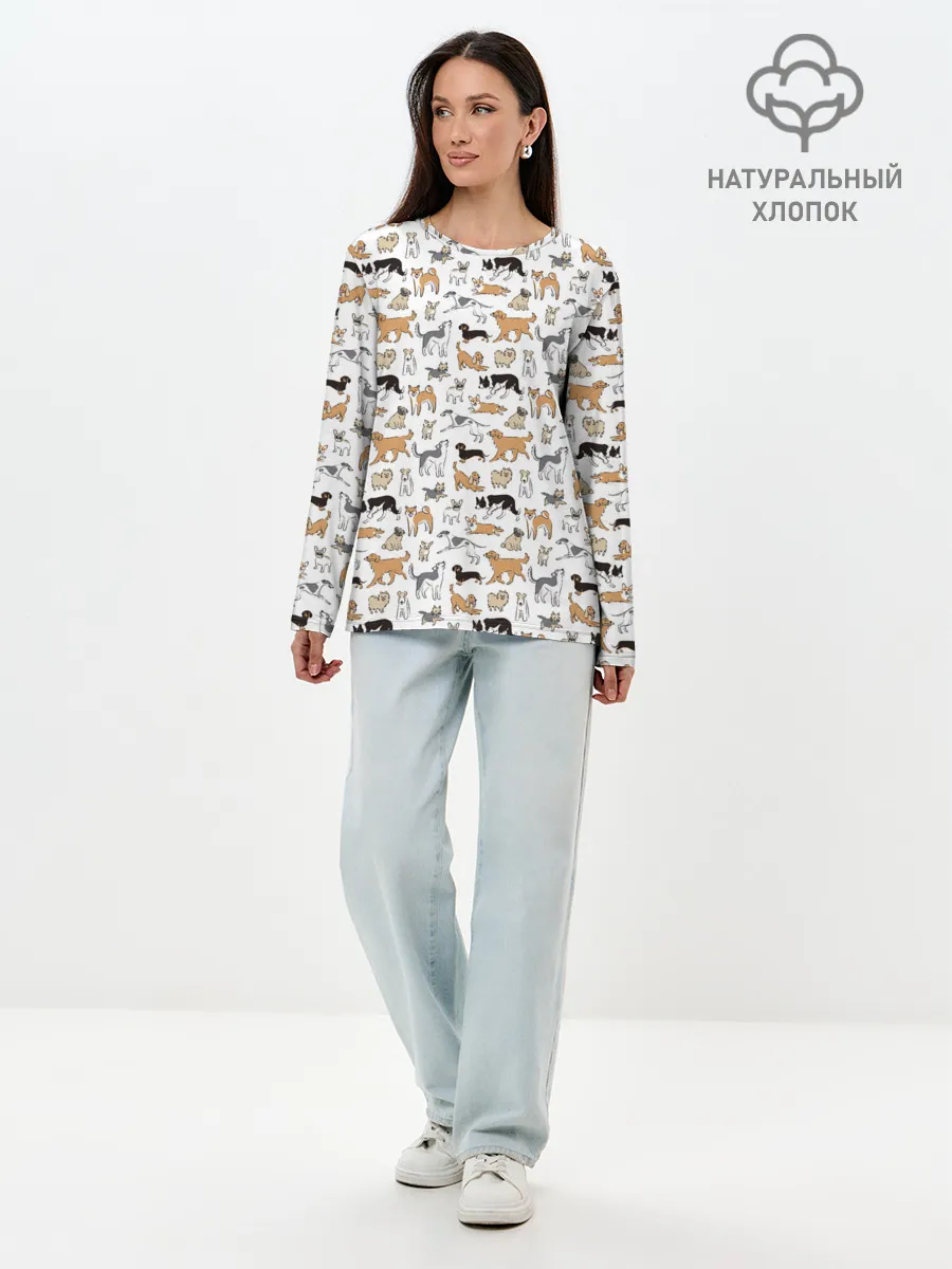 Лонгслив женский. Хлопок / Узор собаки много