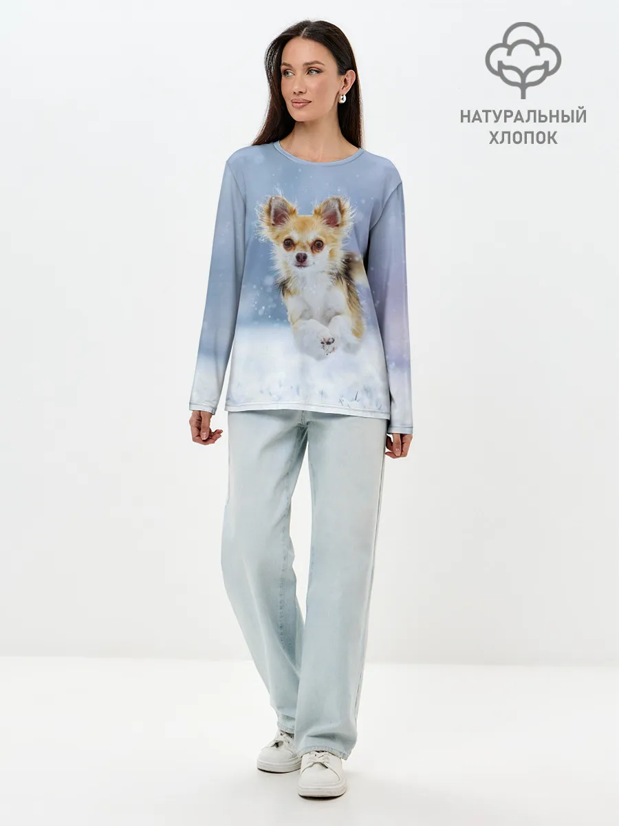 Лонгслив женский. Хлопок / Чихуахуа в снегу