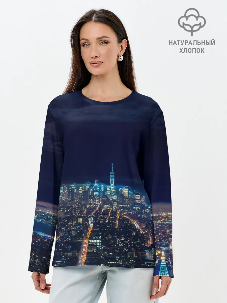 Лонгслив женский. Хлопок / Ночной город