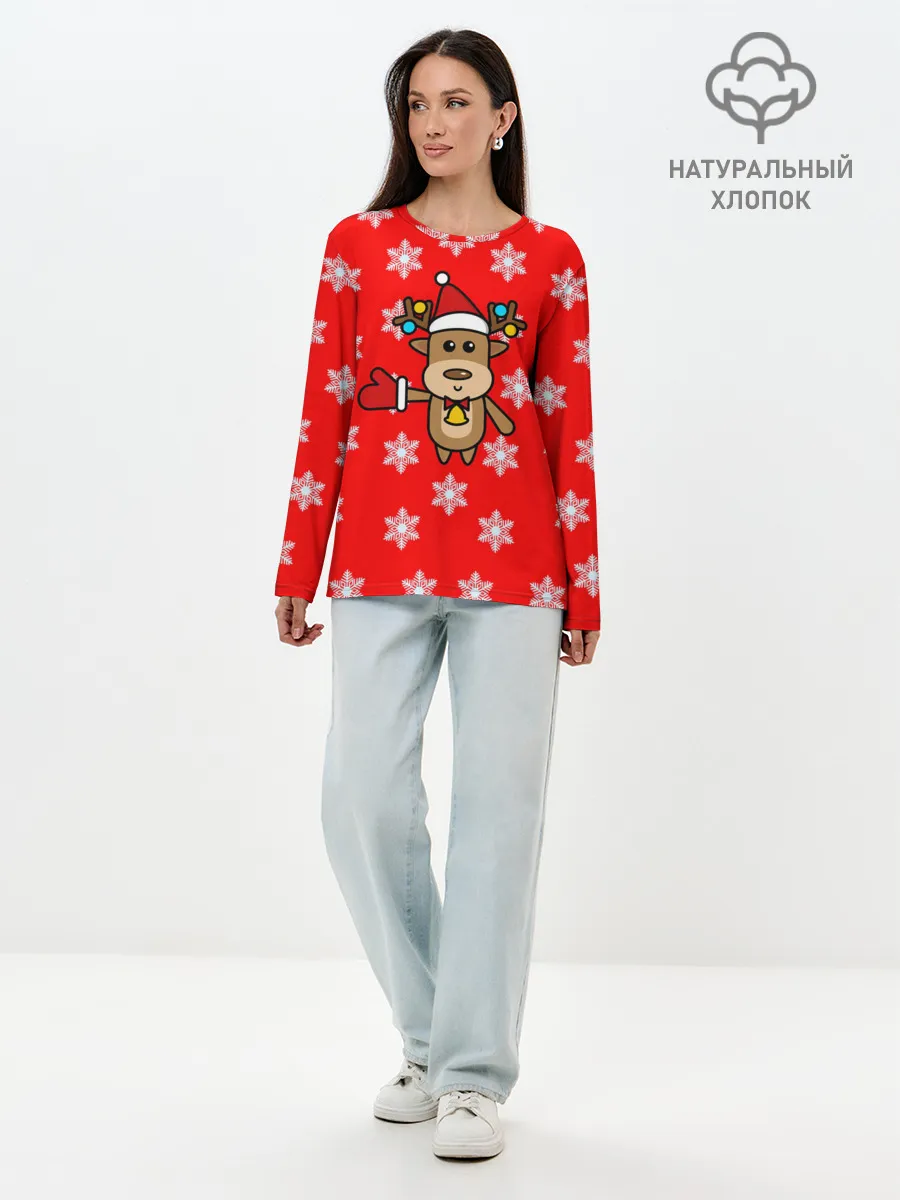 Лонгслив женский. Хлопок / Оленёнок в снежинках