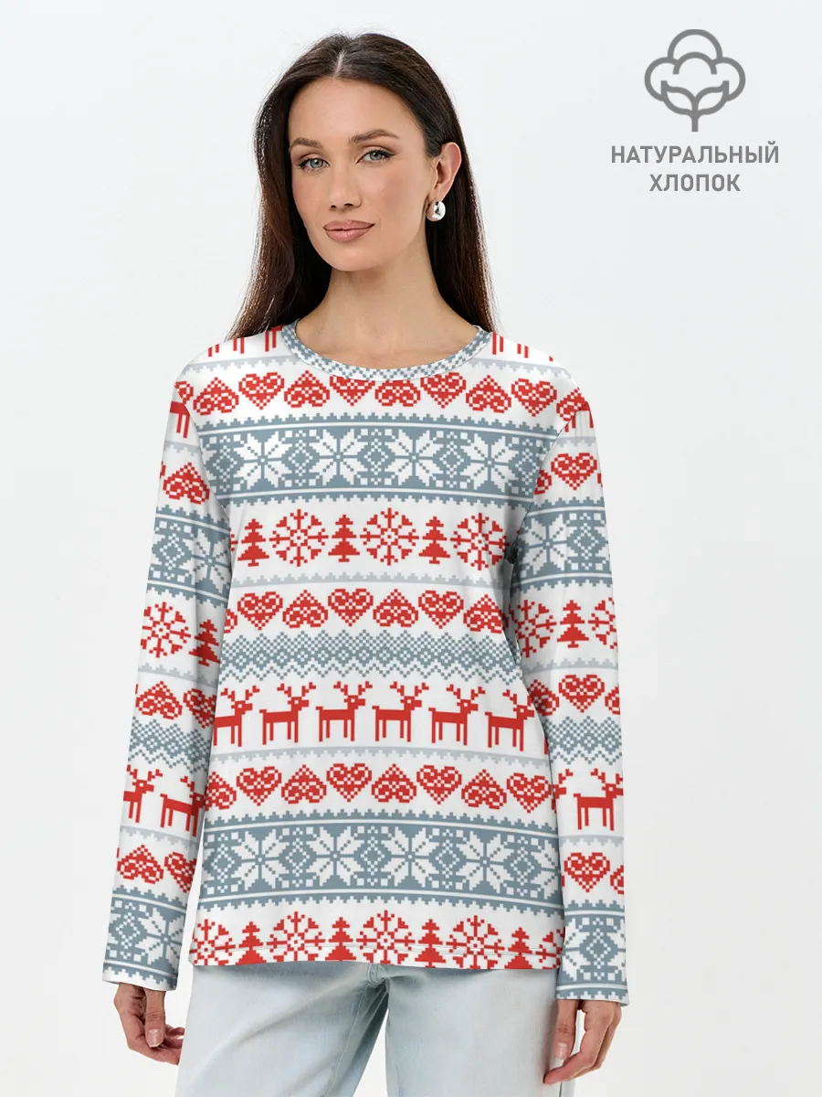 Лонгслив женский. Хлопок / Новогодний пиксельный узор