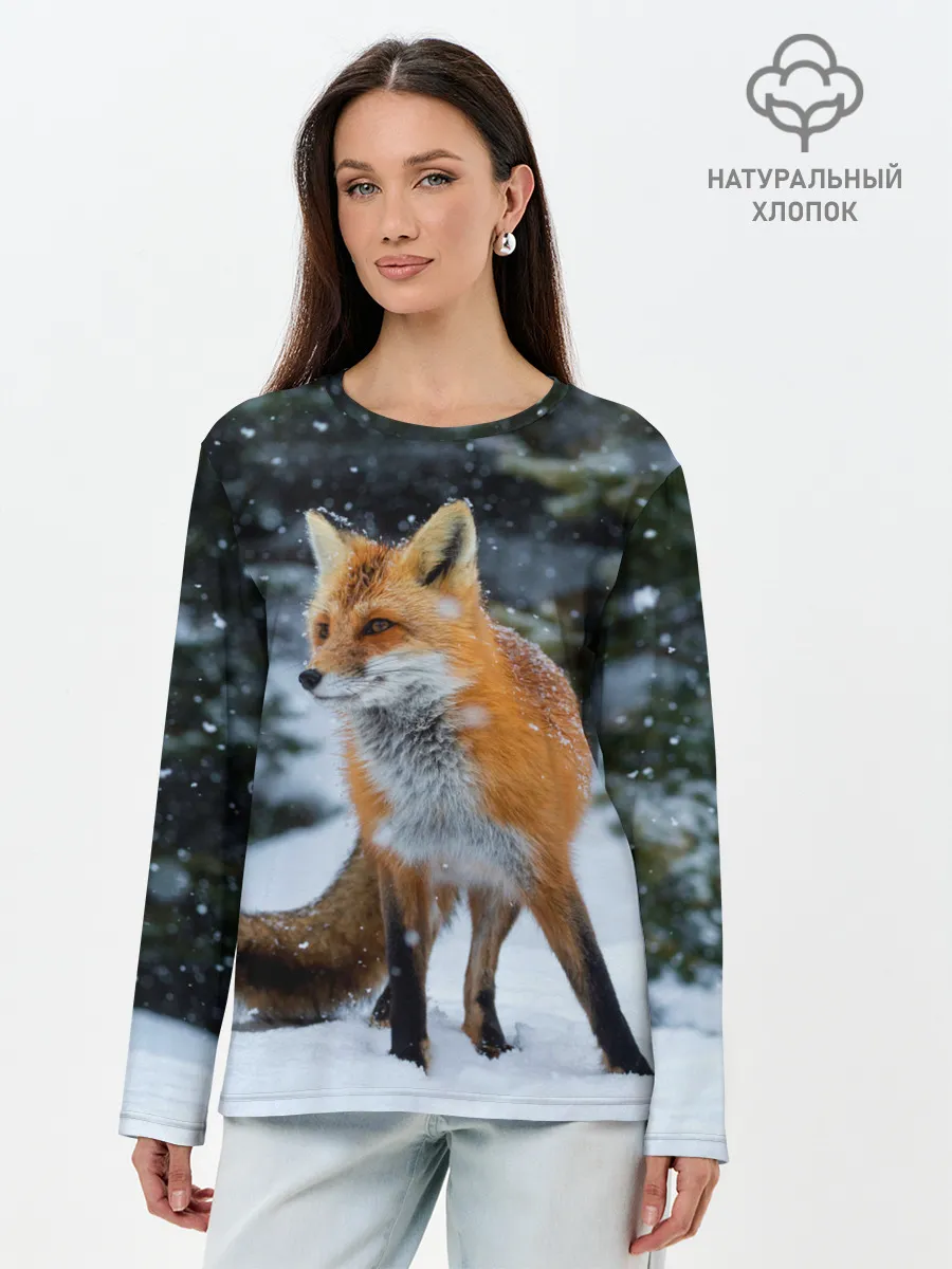 Лонгслив женский. Хлопок / Лиса в зимнем лесу