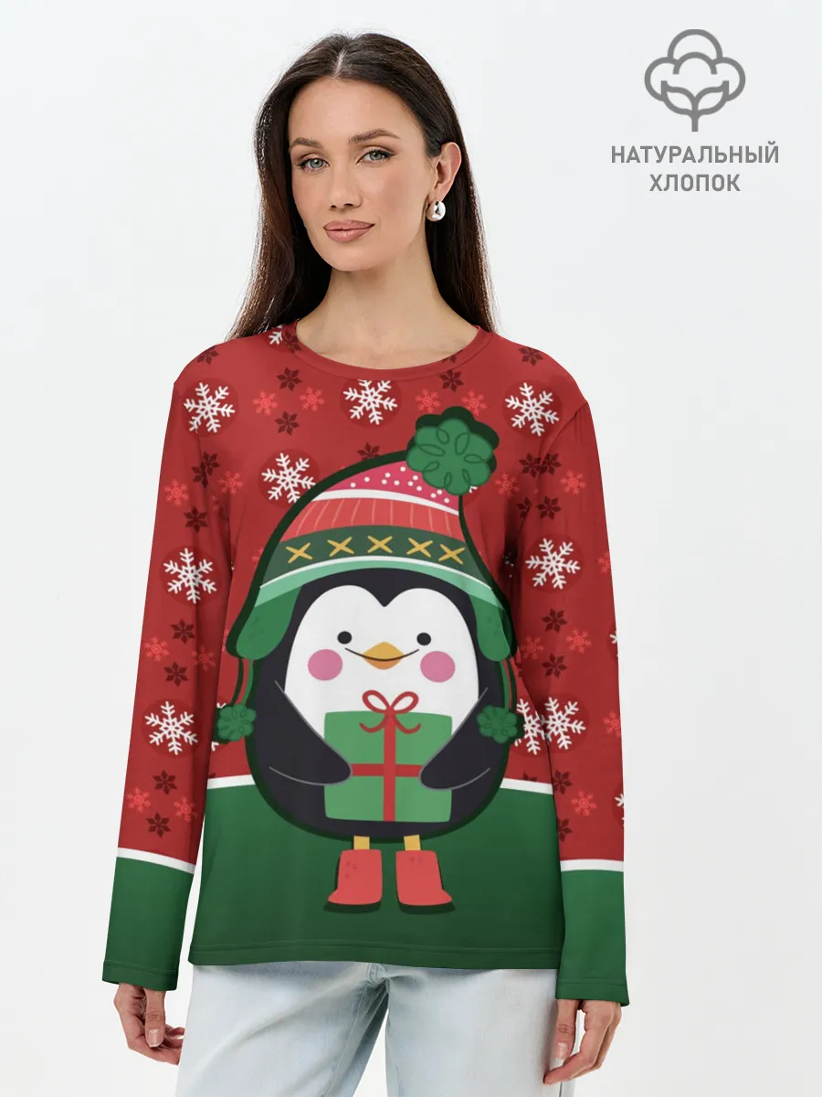Лонгслив женский. Хлопок / Пингвин. Новый год