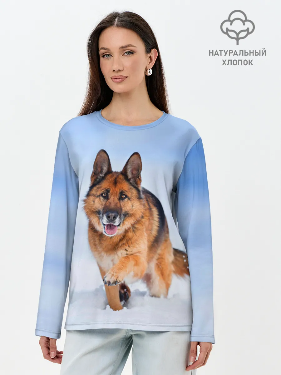 Лонгслив женский. Хлопок / Овчарка и снег