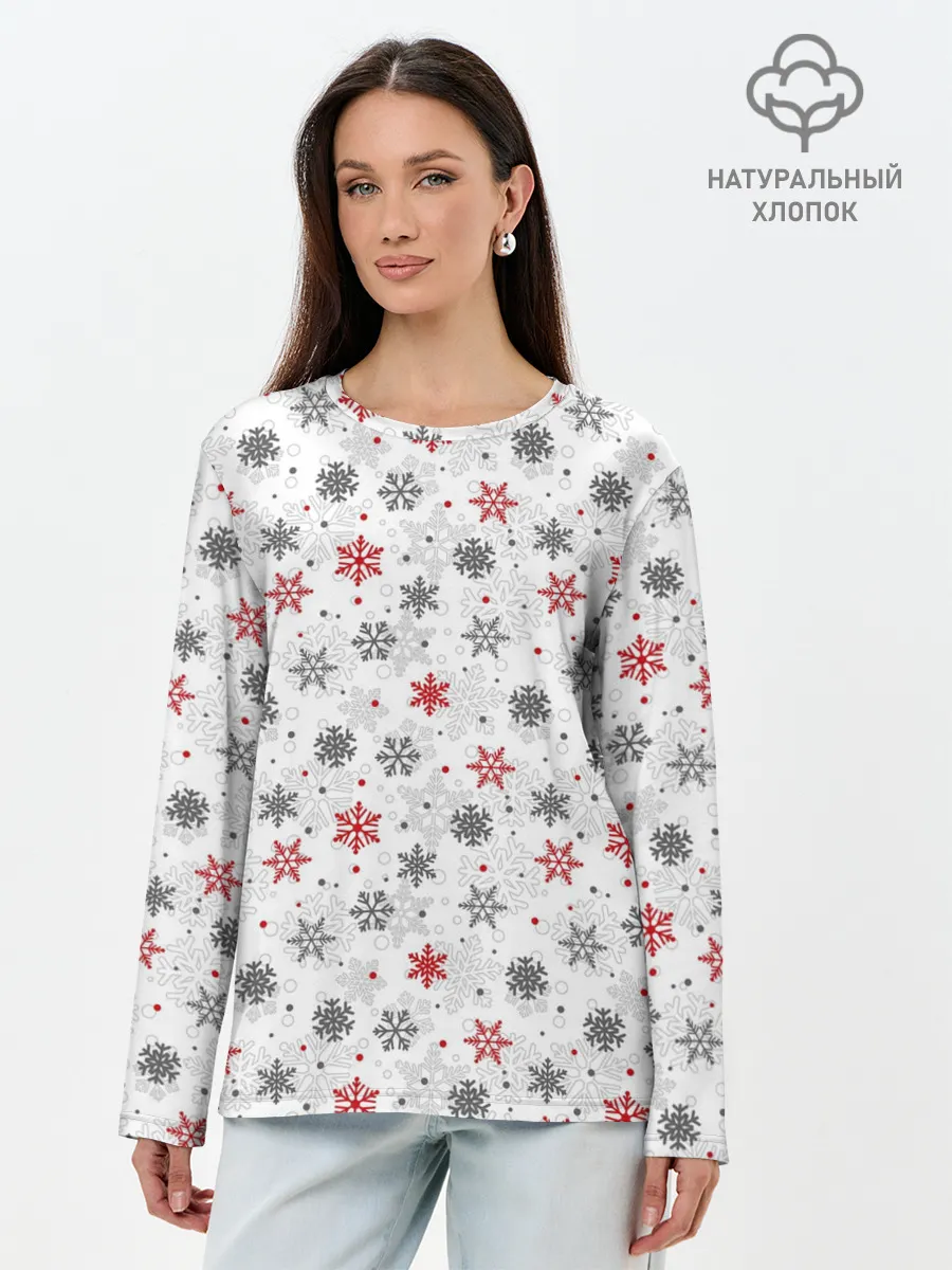Лонгслив женский. Хлопок / Снежинки
