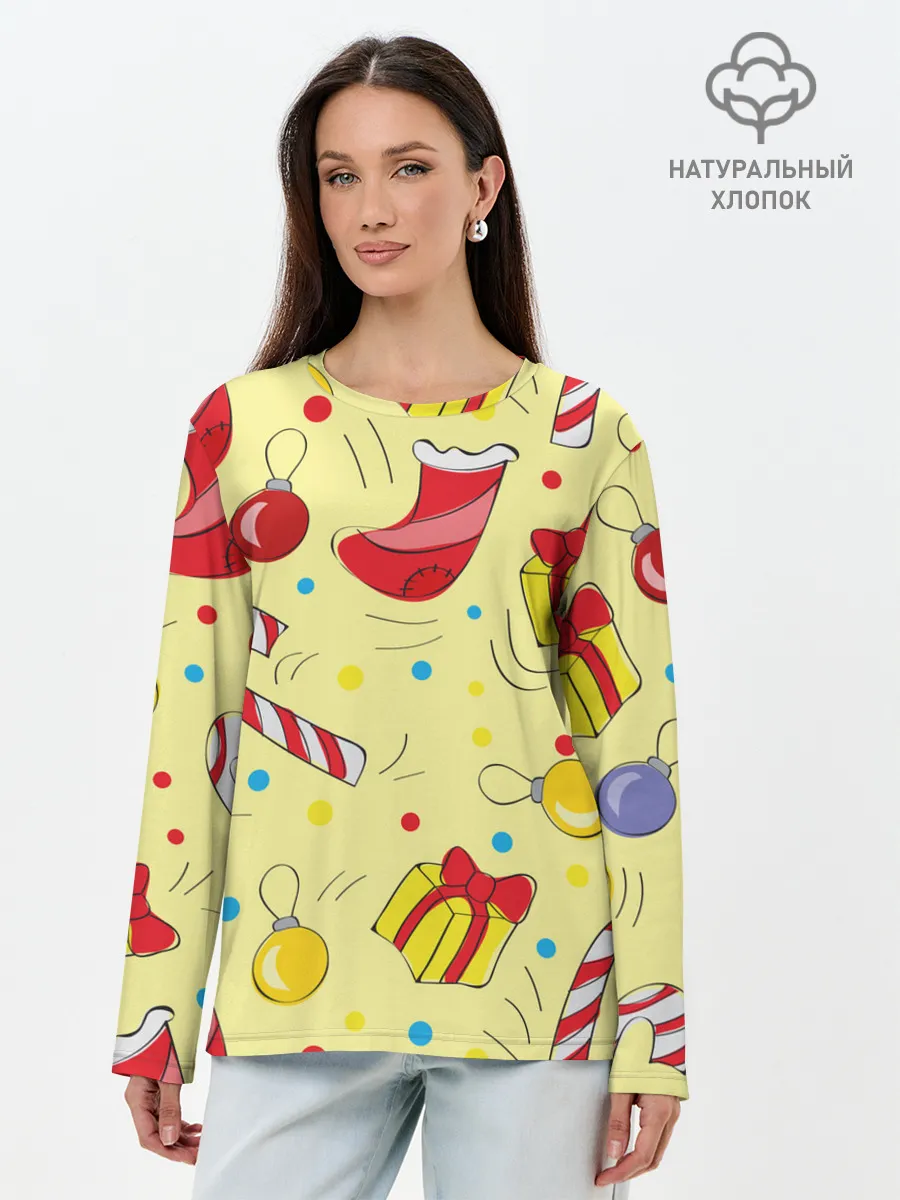 Лонгслив женский. Хлопок / Новогодний узор на желтом фоне