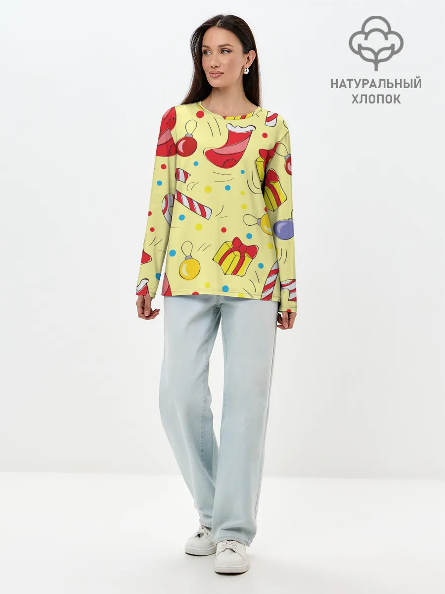 Лонгслив женский. Хлопок / Новогодний узор на желтом фоне