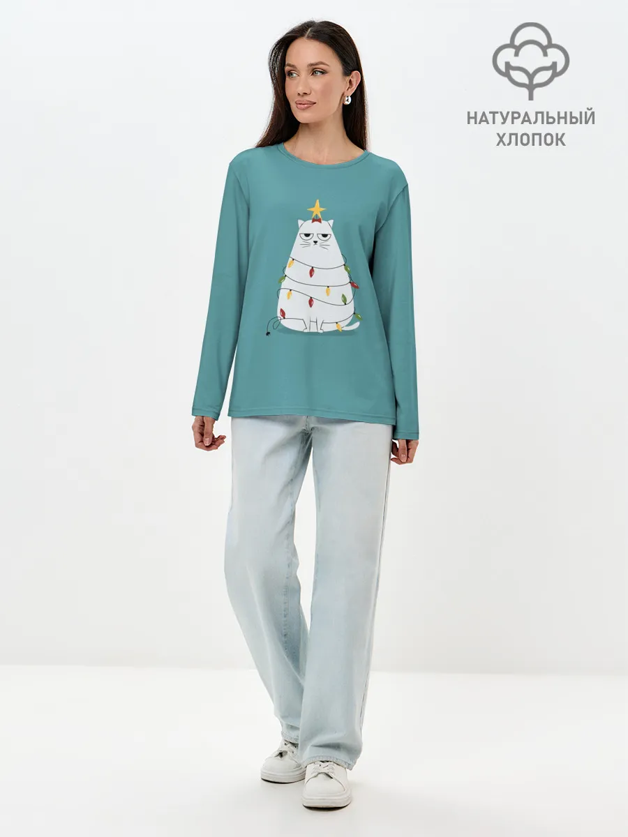 Лонгслив женский. Хлопок / Кото-ёлка