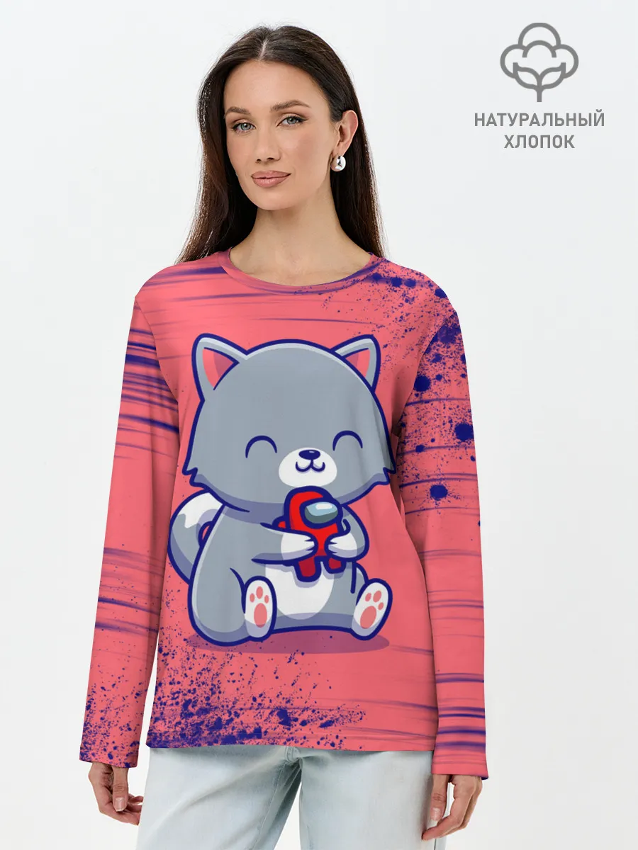 Лонгслив женский. Хлопок / AMONG US - С КОТИКОМ