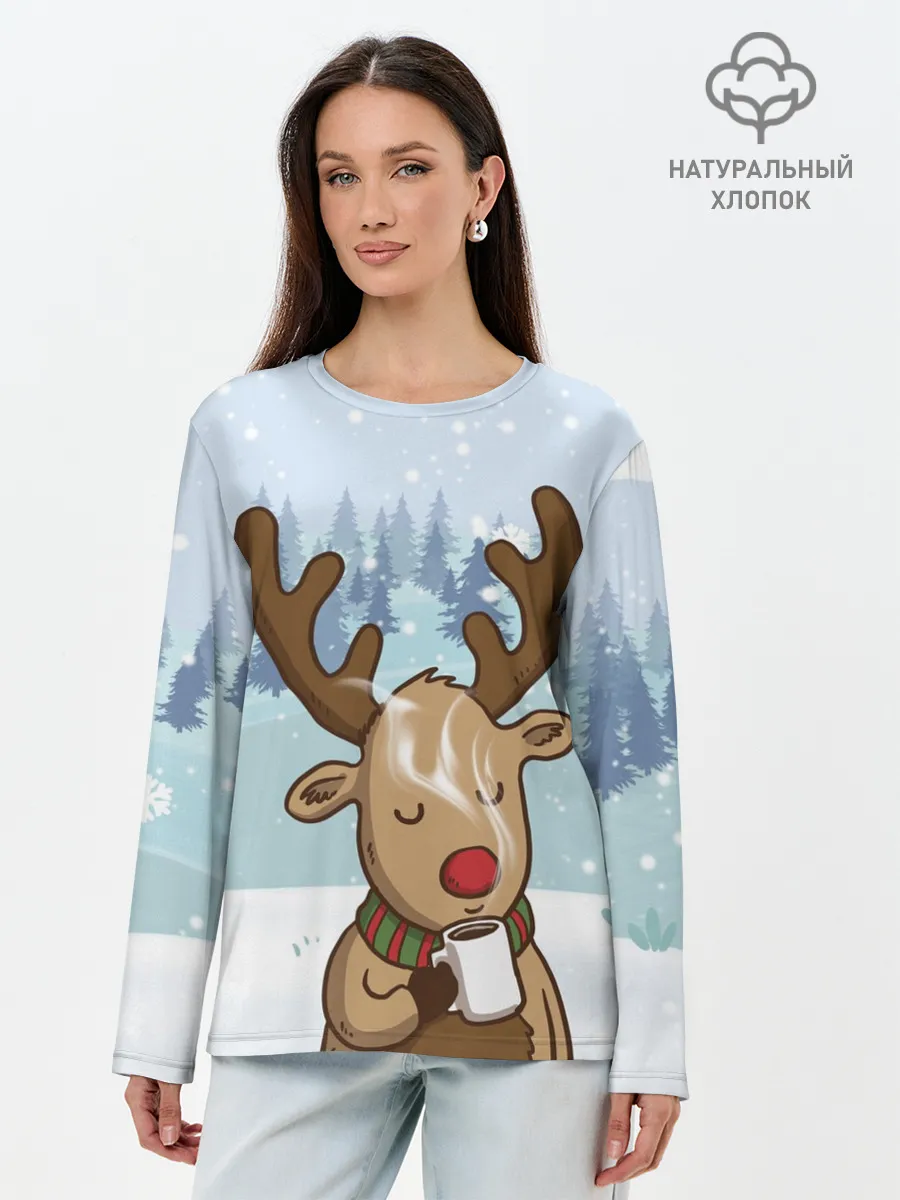 Лонгслив женский. Хлопок / Олень с кружкой