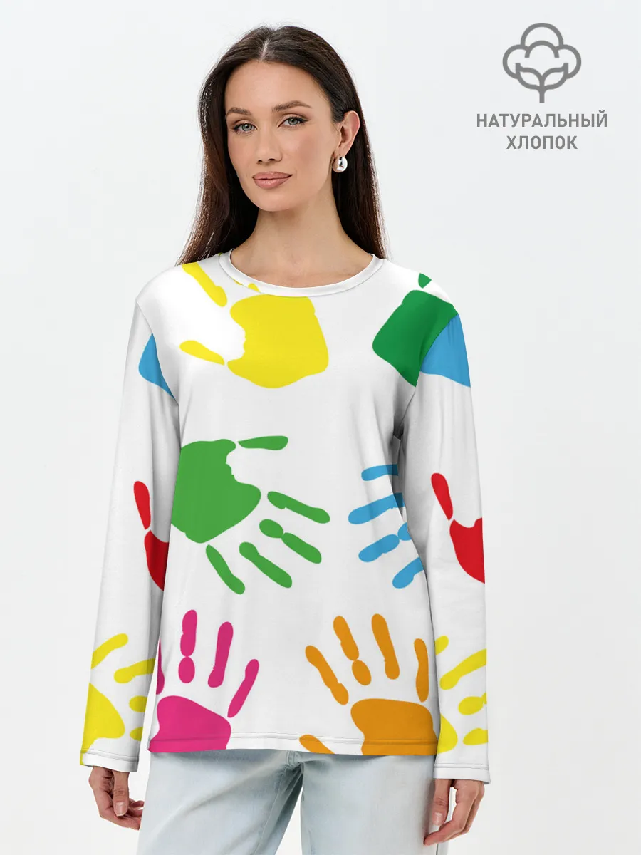 Лонгслив женский. Хлопок / Цветные ладошки - Детский узор