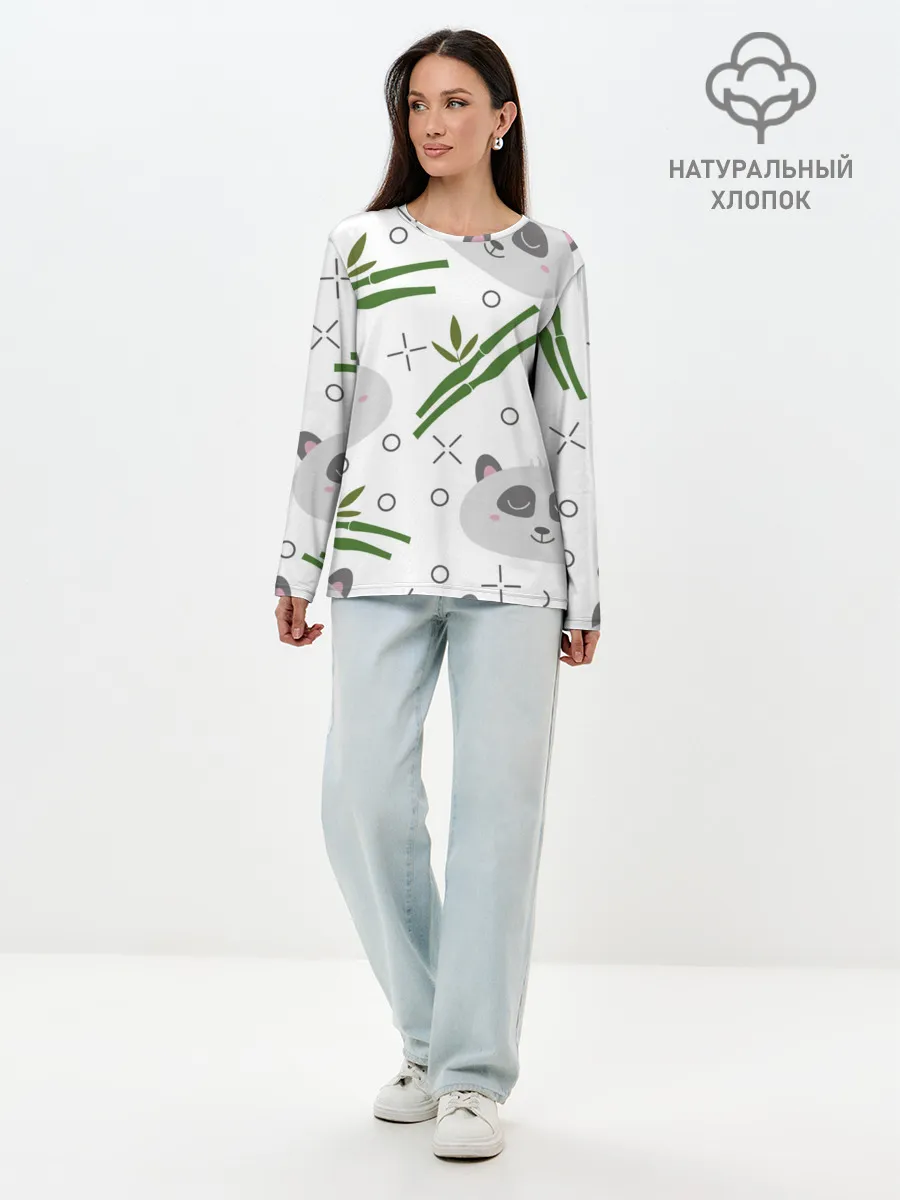Лонгслив женский. Хлопок / Панда с бамбуком